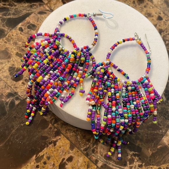 Beaded Multicolored Fringe Hoop Earrings - Picture 11 of 13